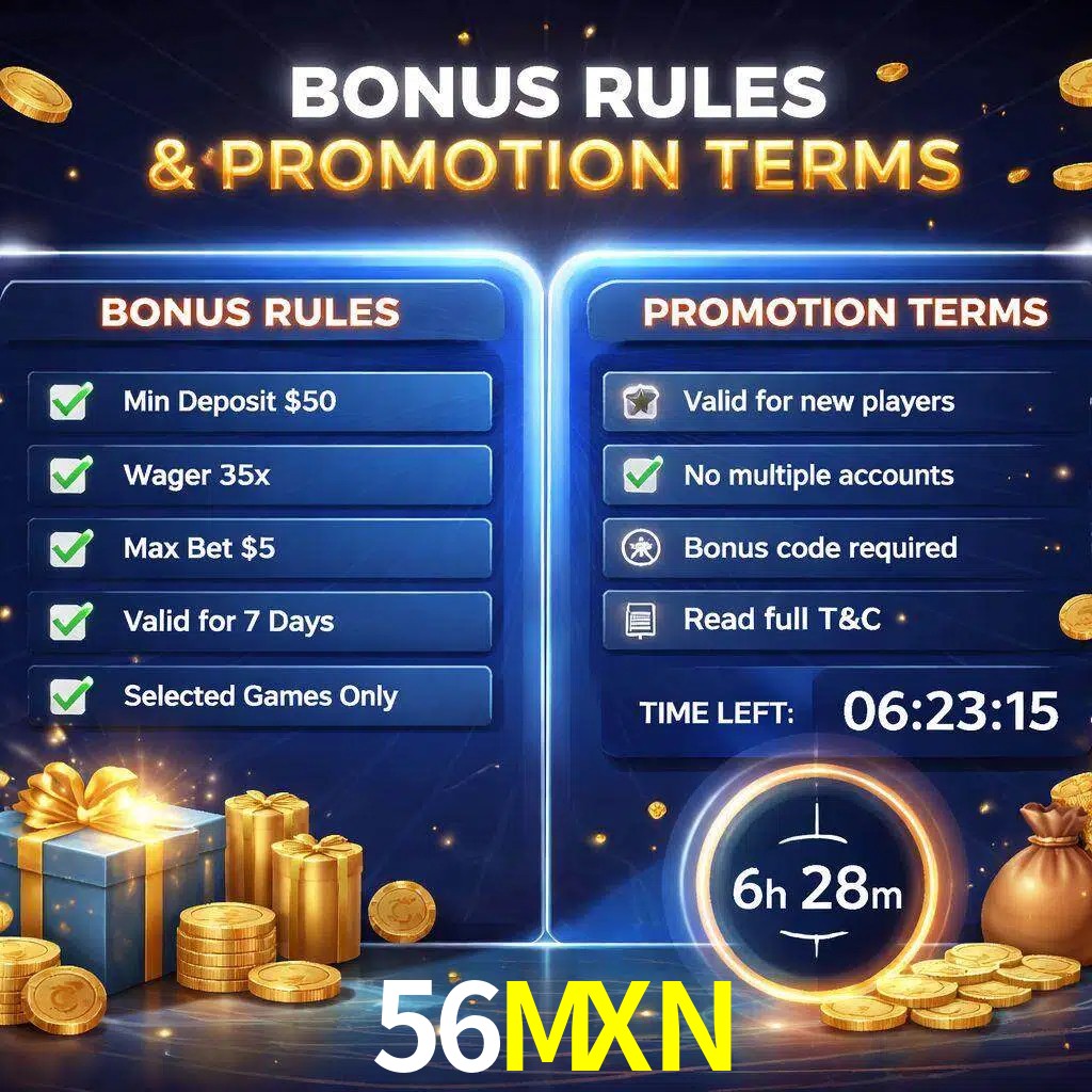Reglas de promoción 56MXN y condiciones de bonos explicadas visualmente