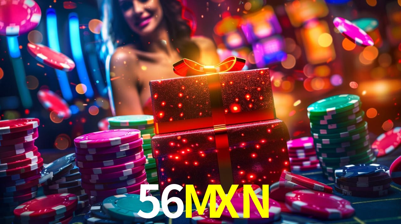 Escena dinámica inspirada en casino con iluminación 56MXN, cartas, fichas e íconos de juegos digitales en un espacio moderno de juegos.