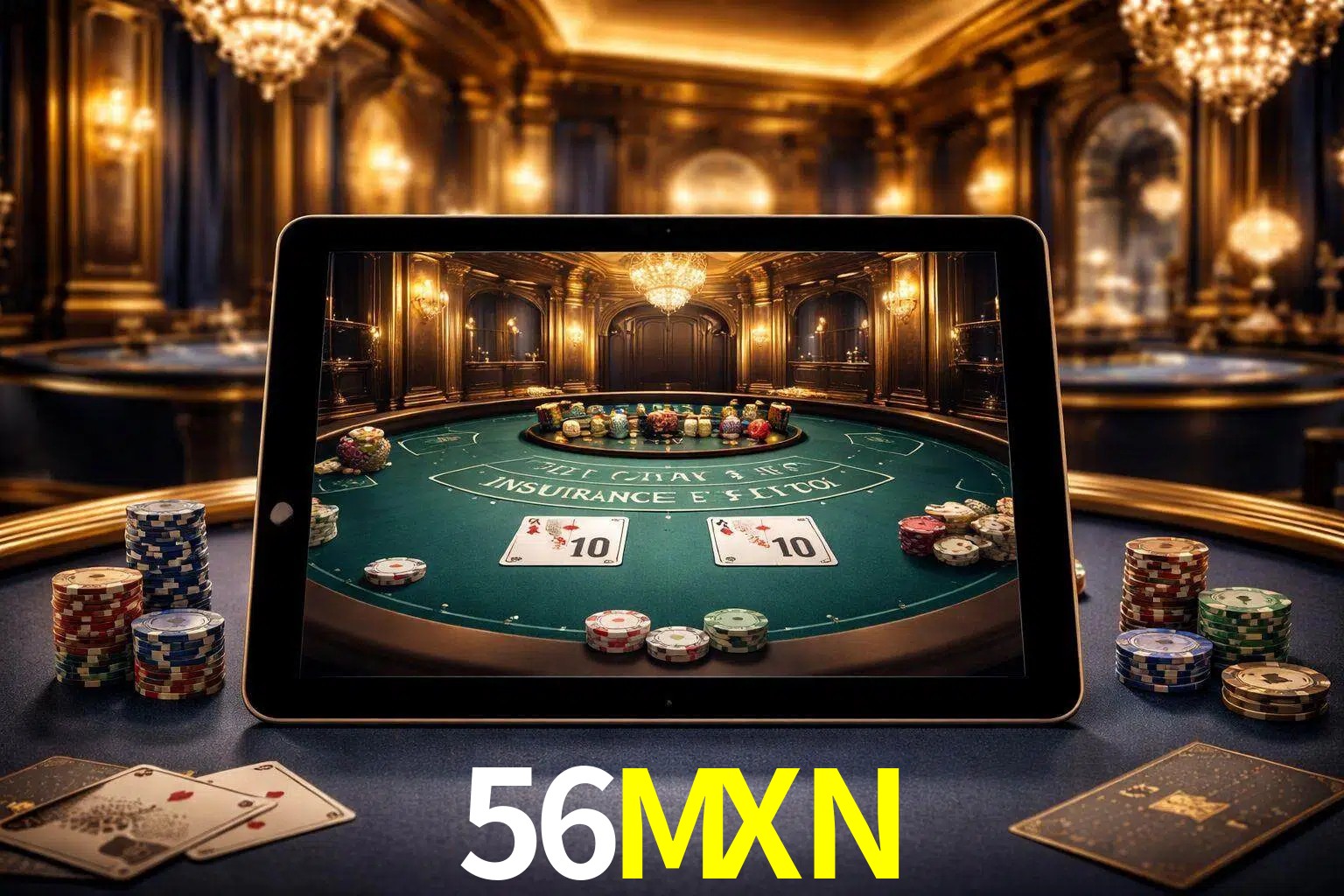 Configuración moderna de casino en vivo con una tableta mostrando una mesa de blackjack, luces cálidas de estudio y una atmósfera elegante de juegos digitales.