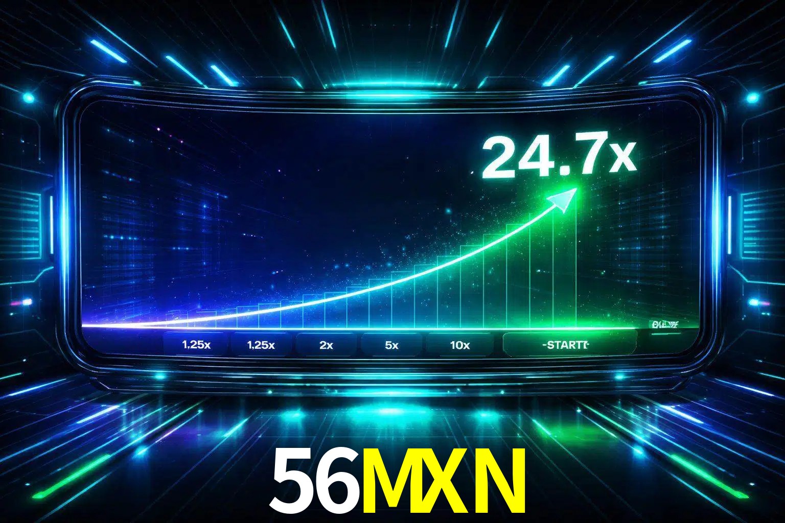 Una pantalla moderna de juego estilo crash con multiplicadores ascendentes, visuales de neón y una interfaz intensa enfocada en la acción.